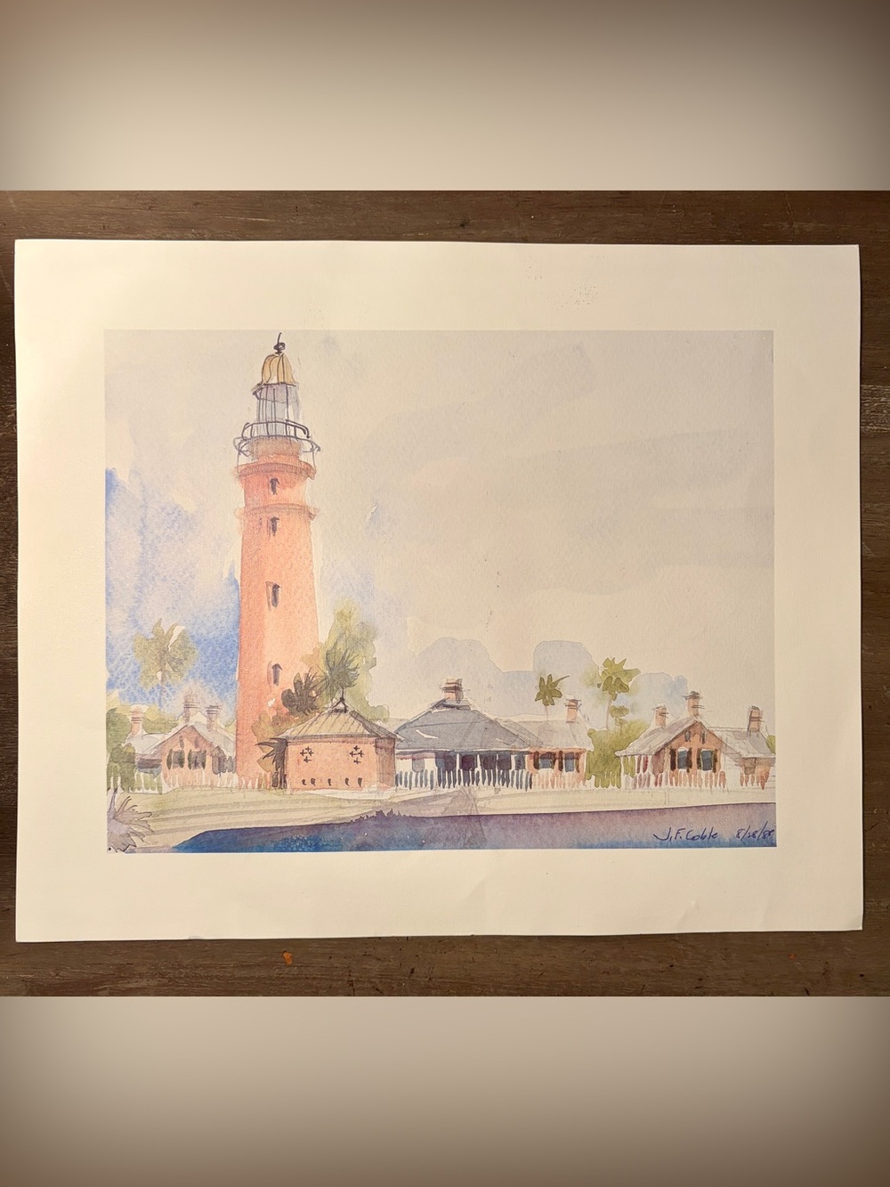 J.F. Coble lighthouse watercolor reproduction print 80s 1988 Currituck Beach NC